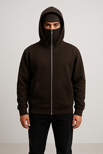 Ahsenbutik Double Hooded Relaxed Fit Cotton Fleece Lined Half Zipper Stand Collar Biker Sweatshirt