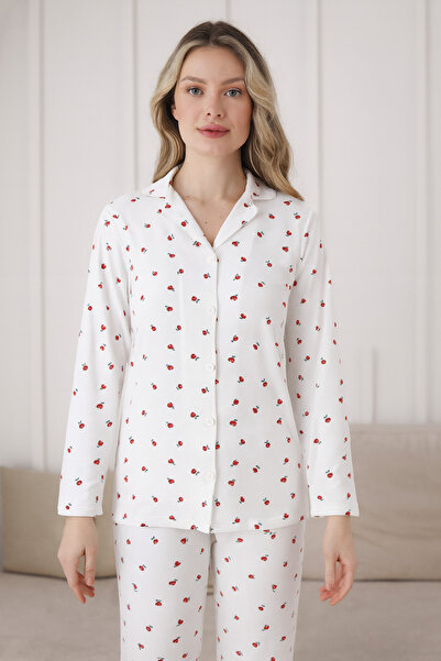 Silona Homewear Kiraz Desenli Gömlek Yaka Düğmeli Pijama Takımı