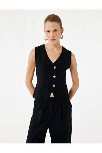 Koton V Neck Sleeveless Gold Buttoned Knitwear Vest