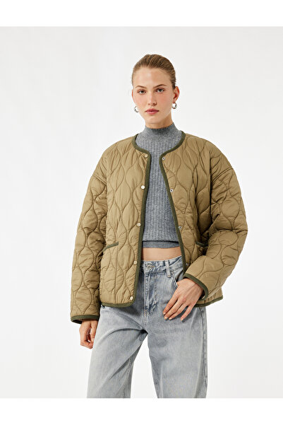 Koton Long Sleeve Buttoned Pocket Crew Neck Water Repellent Quilted Seasonal Coat