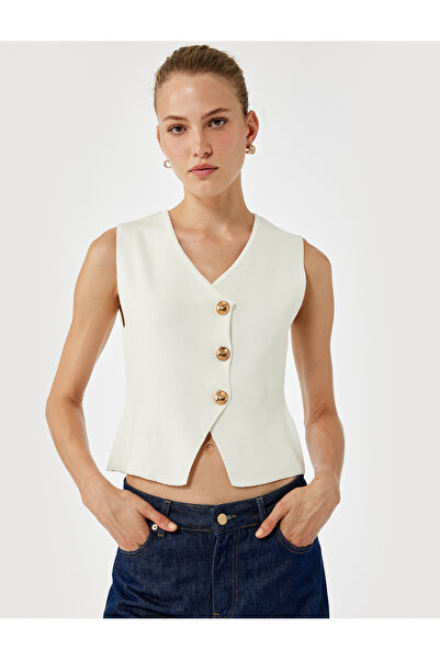 Koton V Neck Sleeveless Gold Buttoned Knitwear Vest