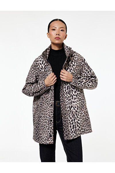 Koton Long Sleeve Stand Collar Hooded Leopard Print Raincoat with Pockets