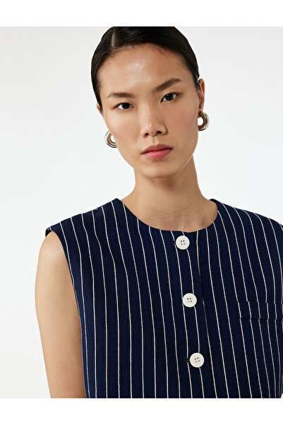 Koton Sleeveless Crew Neck Buttoned Viscose Striped Vest