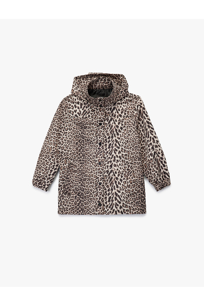 Koton Long Sleeve Stand Collar Hooded Leopard Print Raincoat with Pockets