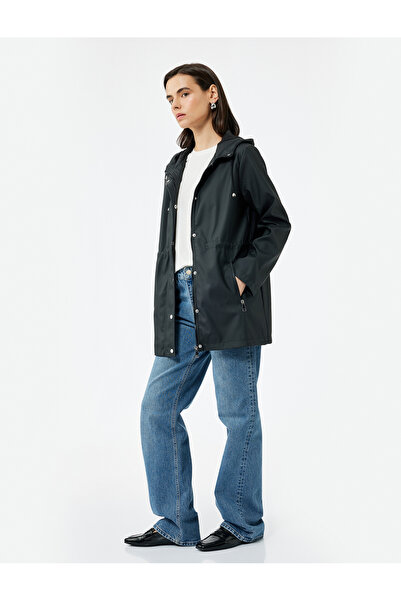 Koton Long Sleeve Zippered Hooded Raincoat with Pockets and Tieable Waist
