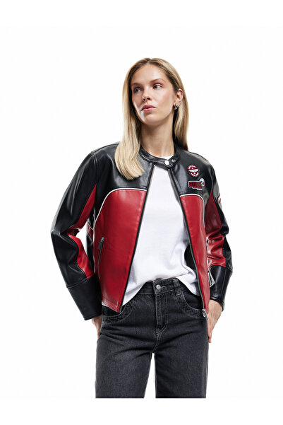 Koton Long Sleeve Color Block Pocket Zipper Faux Leather Biker Jacket