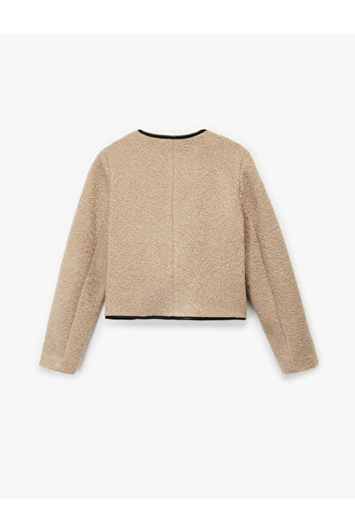 Koton Long Sleeve Buttoned Crew Neck Boucle Crop Jacket