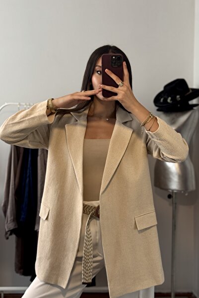 Genel Markalar Hasır Kemerli Keten Blazer Ceket