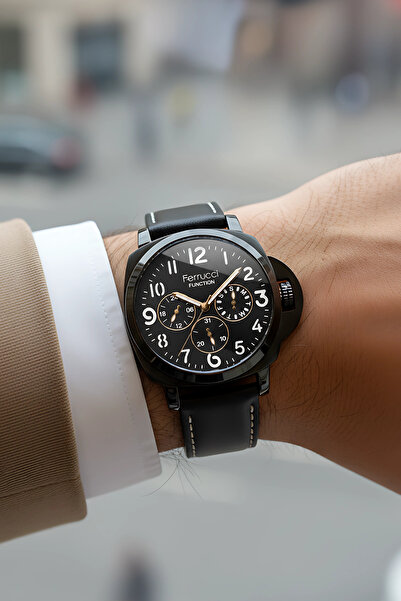 Ferrucci Siyah Renk, Deri Kordon, Function Erkek Kol Saati+Bileklik Siyah-Rose zmfer158