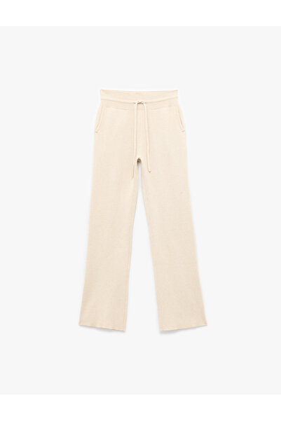 Koton Beli Bağcıklı Cepli Yüksek Bel Düz Bol Paça Triko Pantolon