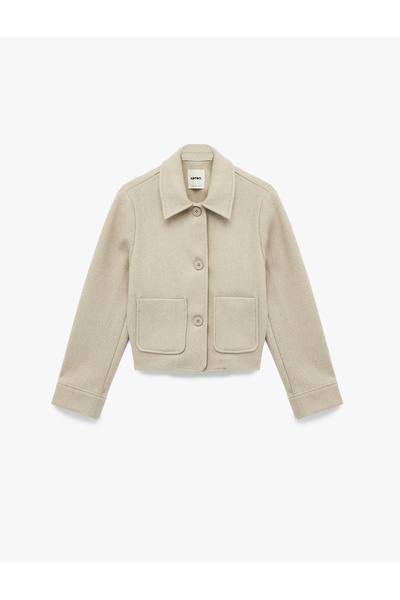 Koton Shirt Collar Pocketed Long Sleeve Cashmere Crop Jacket