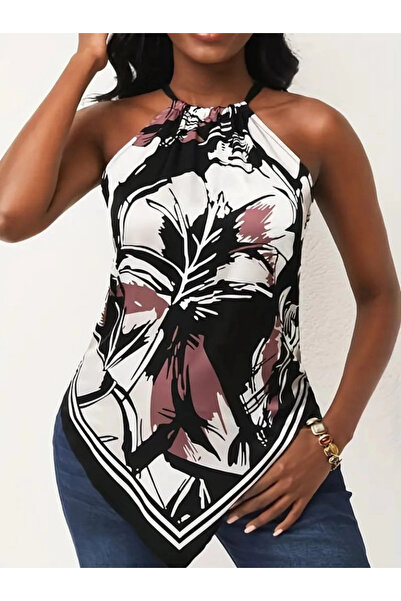 ARONA Mdb Women's Triangle Cut Halter Neck Floral Pattern Single Jersey Blouse