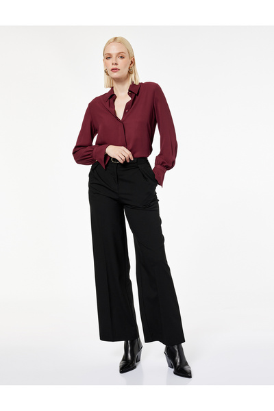 Koton Viskon Karışımlı Yüksek Bel Kemerli Geniş Paça Kumaş Pantolon