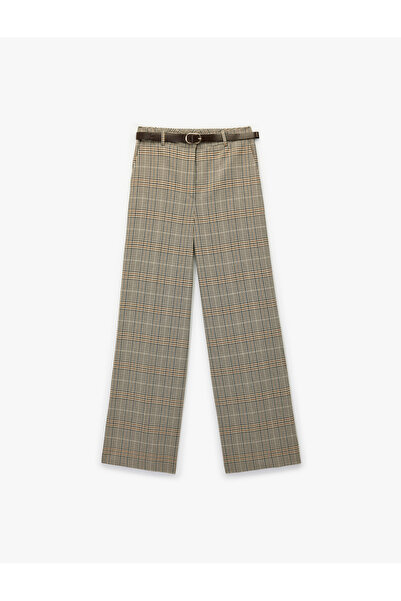 Koton Yüksek Bel Viskon Karışımlı Kemer Detaylı Cepli Geniş Paça Ekoseli Pantolon