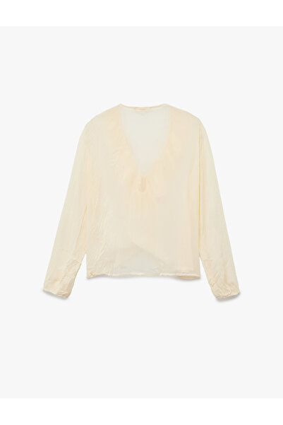 Koton Semi See-Through Long Sleeve V Neck Ruffle Chiffon Blouse