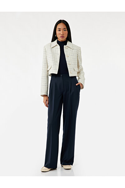 Koton Жемчужна ґудзик Деталізована картата круаза Довгорука твітова кроп-жакет