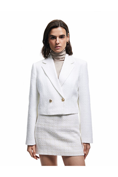 Koton Double Breasted Long Sleeve Tweed Crop Blazer Jacket