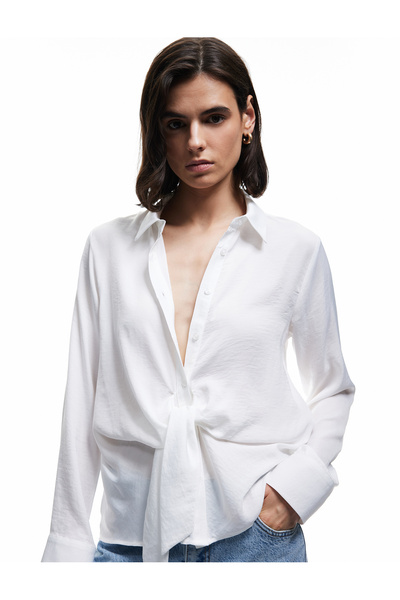 Koton Aerobin Fabric Long Sleeve Satin Shirt with Front Tie Detail
