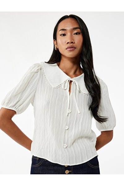 Koton Viscose Fabric Button Short Balloon Sleeve Wide Baby Collar Blouse