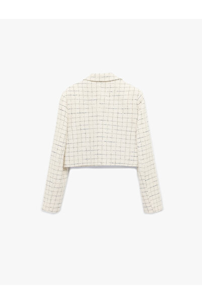 Koton Pearl Button Detail Checked Double Breasted Long Sleeve Tweed Crop Jacket
