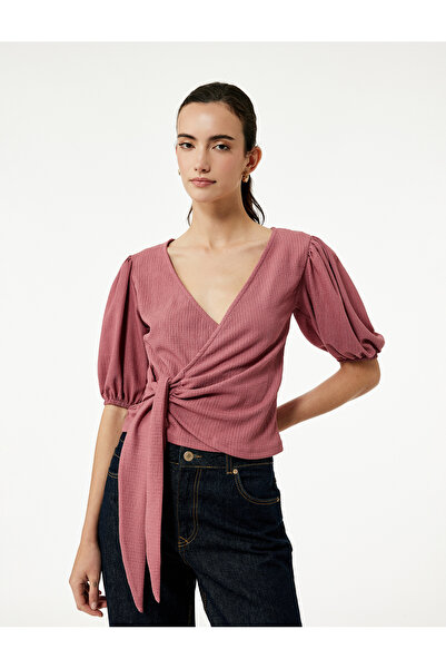 Koton Tricou cu mâneci bufante scurte, cu detaliu de legare în față