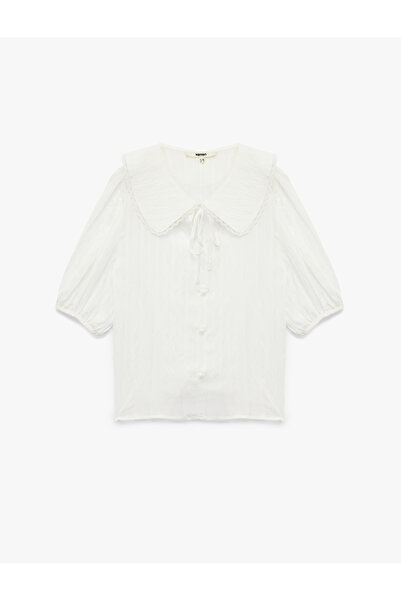 Koton Viscose Fabric Button Short Balloon Sleeve Wide Baby Collar Blouse
