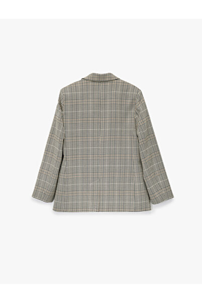 Koton Wide Collar Viscose Blend Pocket Detailed Buttoned Plaid Blazer Jacket