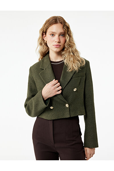 Koton Uzun Kollu Kruvaze Tüvit Crop Blazer Ceket