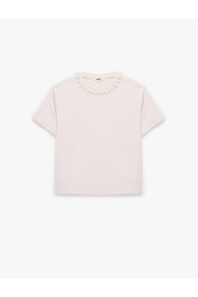 Koton Βαμβακερό μπλουζάκι με κοντό μανίκι με λαιμόκοψη με πέρλες