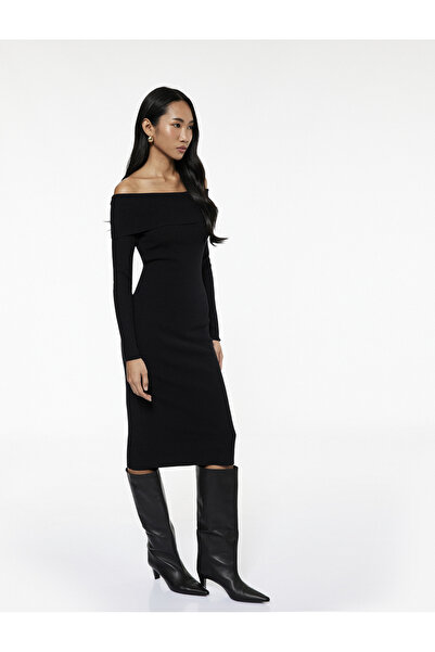 Koton Uzun Kollu Omzu Açık Uzun Triko Elbise