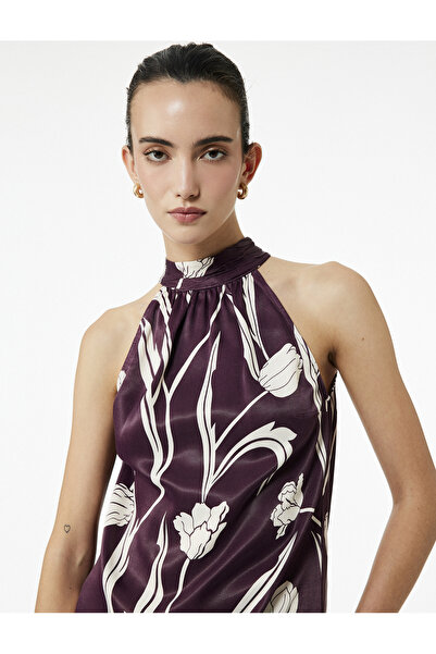 Koton Σατέν μπλούζα με λουλουδάτο σχέδιο με λεπτομέρεια με κορδόνια