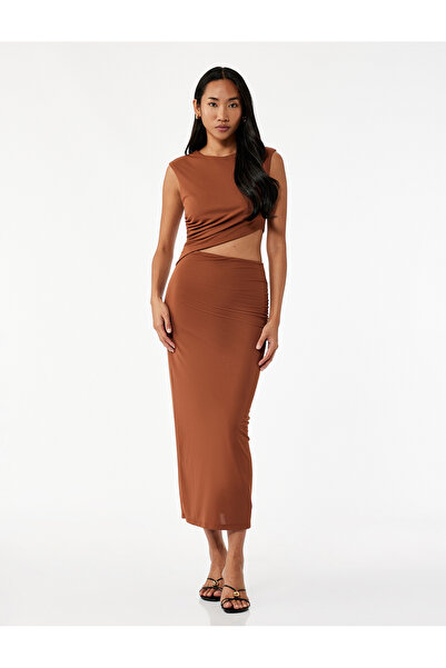 Koton Sleeveless Draped Window Detail Crew Neck Long Bodycon Dress