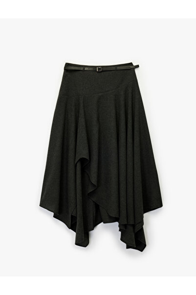 Koton Asimetrik Uçlu Kemer Detaylı Volanlı Yün Karışımlı Kloş Midi Etek