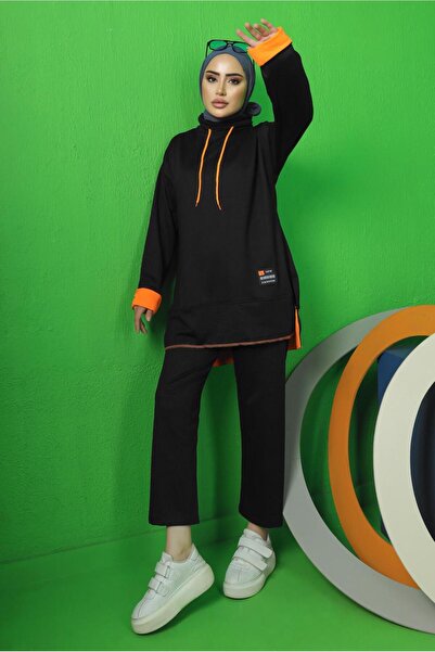 TRENDTESETTÜR KADIN SİYAH BAĞCIK DETAYLI PANTOLONLU EŞOFMAN TAKIM T 9043