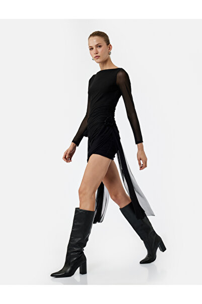 Koton Uzun Kollu Kayık Yaka Tüllü Gül Detaylı Mini Bodycon Elbise