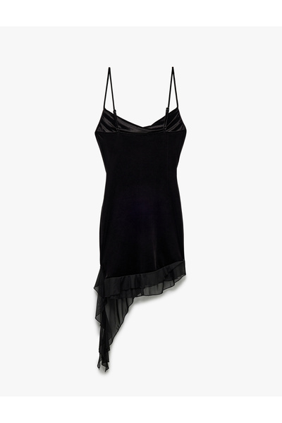 Koton Degaje Yaka Kadife Volanlı Asimetrik Kesim Askılı Elbise