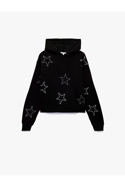 Koton Hooded Oversize Stoned Black Women's Sweatshirt 6Wal10089Ik