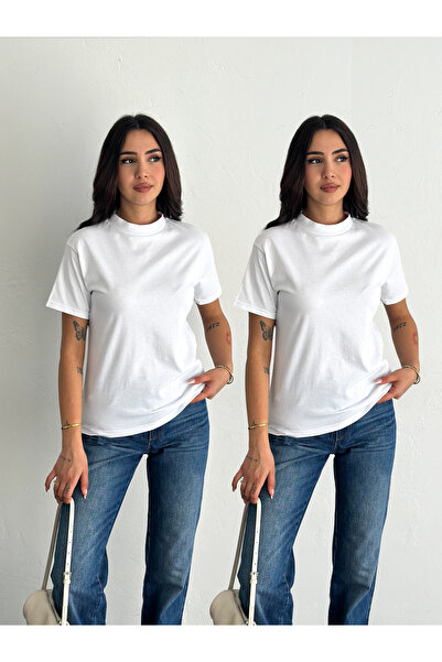 fiolin Kadın Beyaz Dik Yaka 2'li Paket %100 Pamuk Basic Örme T-shirt