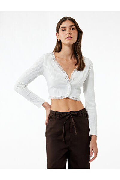 Koton Slim Fit Long Sleeve V Neck Crop T-Shirt with Lace Detail
