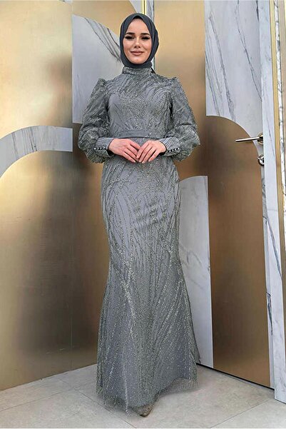 TRENDTESETTÜR KADIN GRİ BALIK MODEL ABİYE ELBİSE T 9311