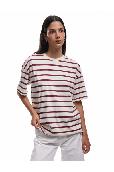 Koton Βαμβακερό κοντομάνικο μπλουζάκι με λαιμόκοψη Basic ριγέ