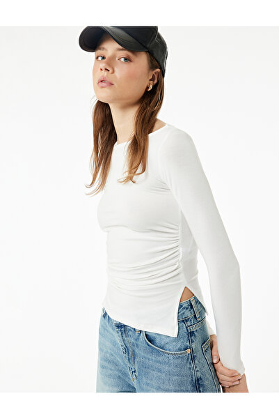 Koton Boat Neck Draped Slim Fit Viscose Blend Slit Long Sleeve T-Shirt