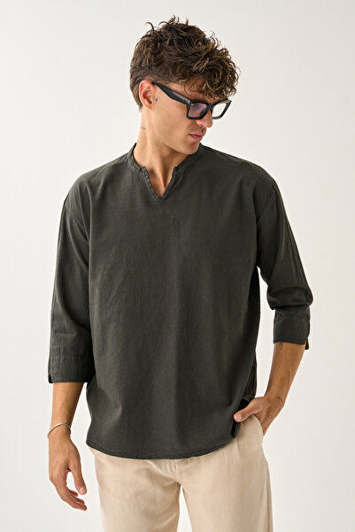 Dechers Ανδρικό πουκάμισο Fakir με λαιμόκοψη V με άνετο 100% βαμβακερό πουκάμισο E211