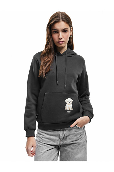 Koton Raised Long Sleeve Hooded Dog Embroidered Kangaroo Pocket Sweatshirt