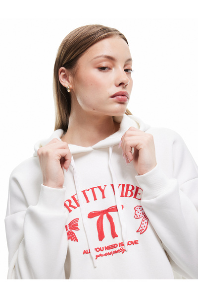 Koton Printed Three Thread Raised Hooded Oversize Sweatshirt