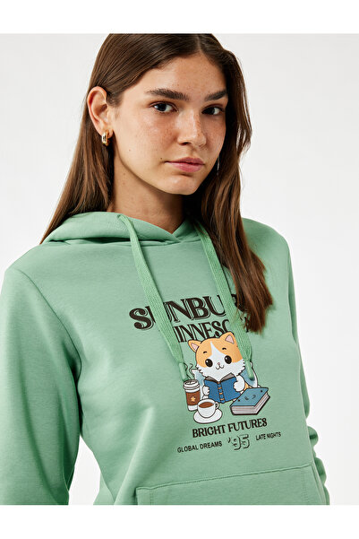 Koton Φούτερ με κουκούλα με λεπτομέρεια τσέπης καγκουρό με στάμπα γάτας