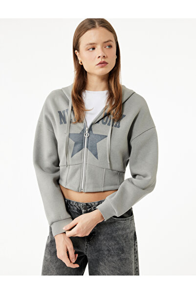 Koton Long Sleeve Hooded Ribbed Star Printed Zippered Crop Sweatshirt