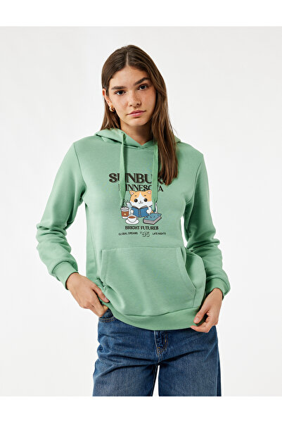 Koton Φούτερ με κουκούλα με λεπτομέρεια τσέπης καγκουρό με στάμπα γάτας