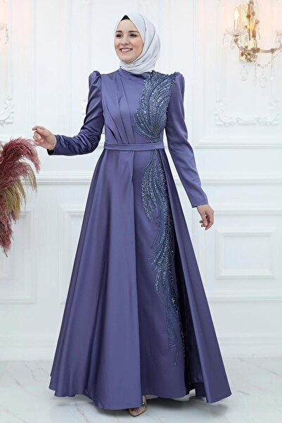 TRENDTESETTÜR WOMEN'S NAVY BLUE (NDIGO) PUL SEQUIN EMBROIDERED EVENING DRESS T 9453