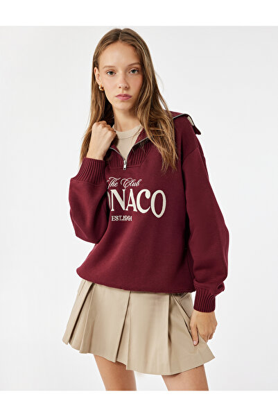 Koton Γυναικείο φούτερ με μισό φερμουάρ βαμβακερό μπορντό 6Wal10156Ik